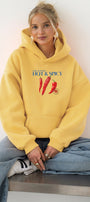 Kadın Oversize Sweatshirt Hoodie Hot & Spicy Baskılı Sarı – Kapüşonlu, 3 İplik Şardonlu Polar