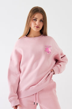 Kadın Oversize Sweatshirt Piglet Dreams Baskılı Pembe – Bisiklet Yaka, 3 İplik Şardonlu Polar