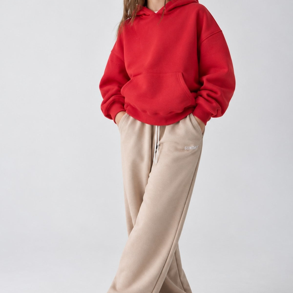 Kız Çocuk Oversize Basic Hoodie Sweatshirt Kırmızı – Kapüşonlu, Kanguru Cepli, 3 İplik Polar
