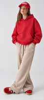 Kız Çocuk Oversize Basic Hoodie Sweatshirt Kırmızı – Kapüşonlu, Kanguru Cepli, 3 İplik Polar