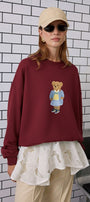 Kadın Oversize Sweatshirt Preppy Girl Bear Baskılı Bordo – Bisiklet Yaka, 3 İplik Şardonlu Polar