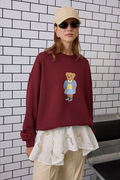 Kadın Oversize Sweatshirt Preppy Girl Bear Baskılı Bordo – Bisiklet Yaka, 3 İplik Şardonlu Polar