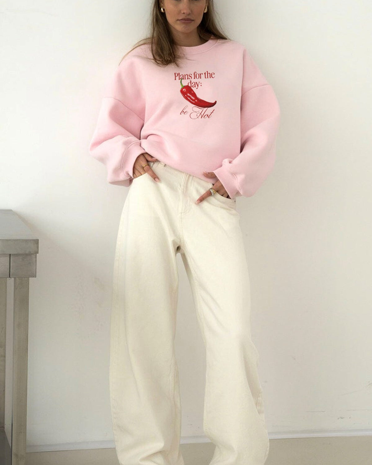 Kadın Oversize Sweatshirt Be Hot Baskılı Pembe – Bisiklet Yaka, 3 İplik Şardonlu Polar