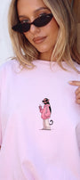 Kadın Oversize Tişört Pink Kitty Club Baskılı Pembe – Bisiklet Yaka, Rahat Kalıp, %100 Pamuk