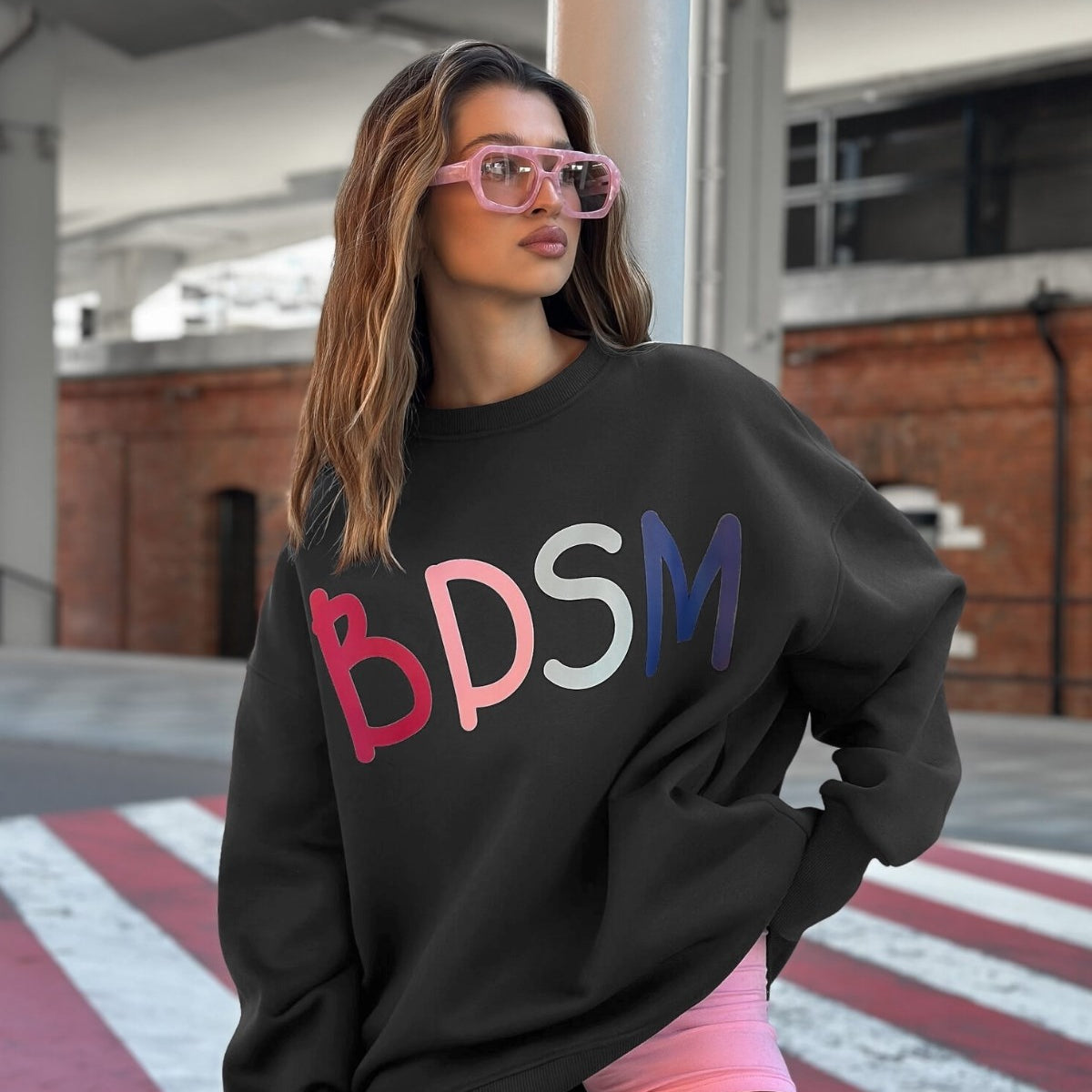 Kadın Oversize Sweatshirt Elbise Color Pop Baskılı Füme – Bisiklet Yaka, 3 İplik Şardonlu Polar