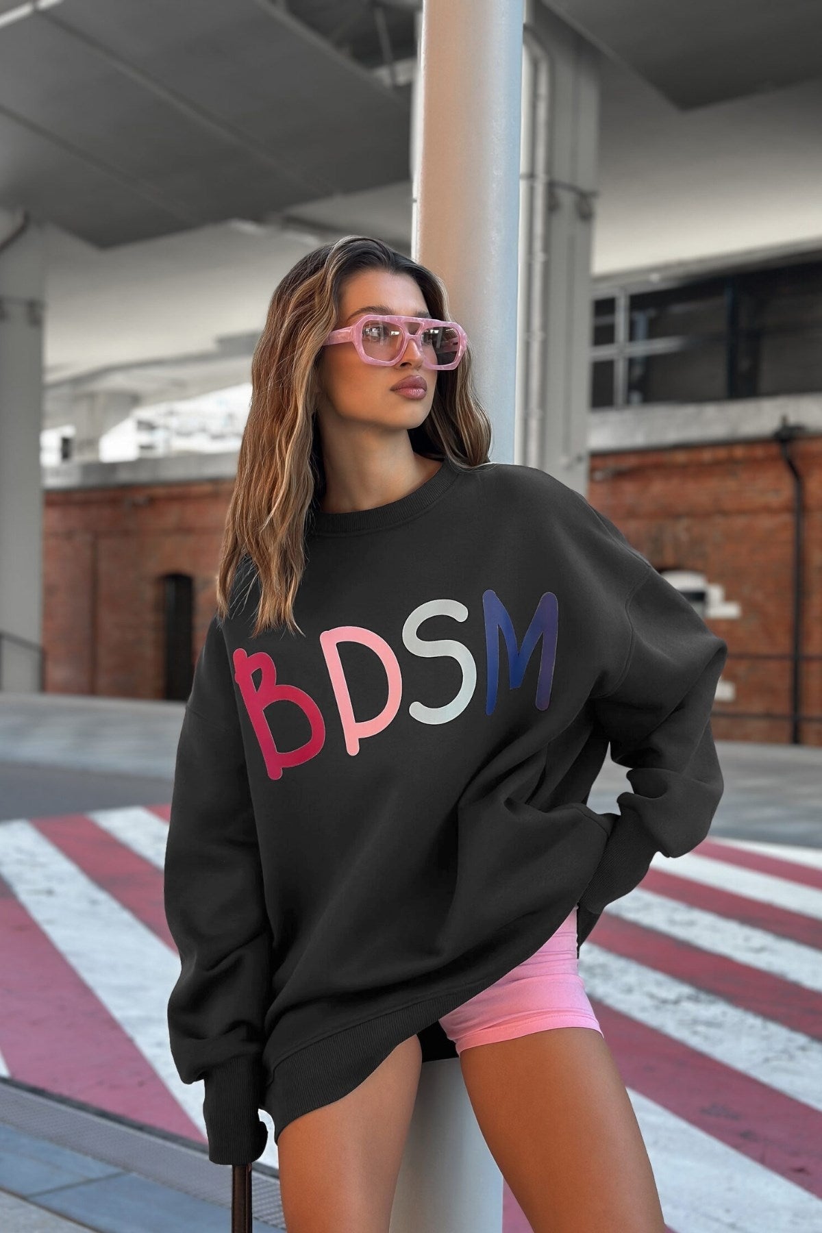 Kadın Oversize Sweatshirt Elbise Color Pop Baskılı Füme – Bisiklet Yaka, 3 İplik Şardonlu Polar