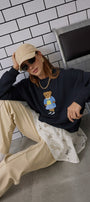 Kadın Oversize Sweatshirt Preppy Girl Bear Baskılı Lacivert – Bisiklet Yaka, 3 İplik Şardonlu Polar