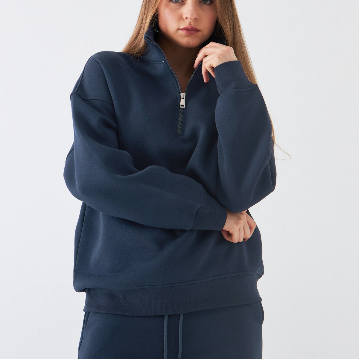 Unisex Oversize Sweatshirt Basic Marine – Yarım Fermuar Dik Yaka, 3 İplik Şardonlu Polar