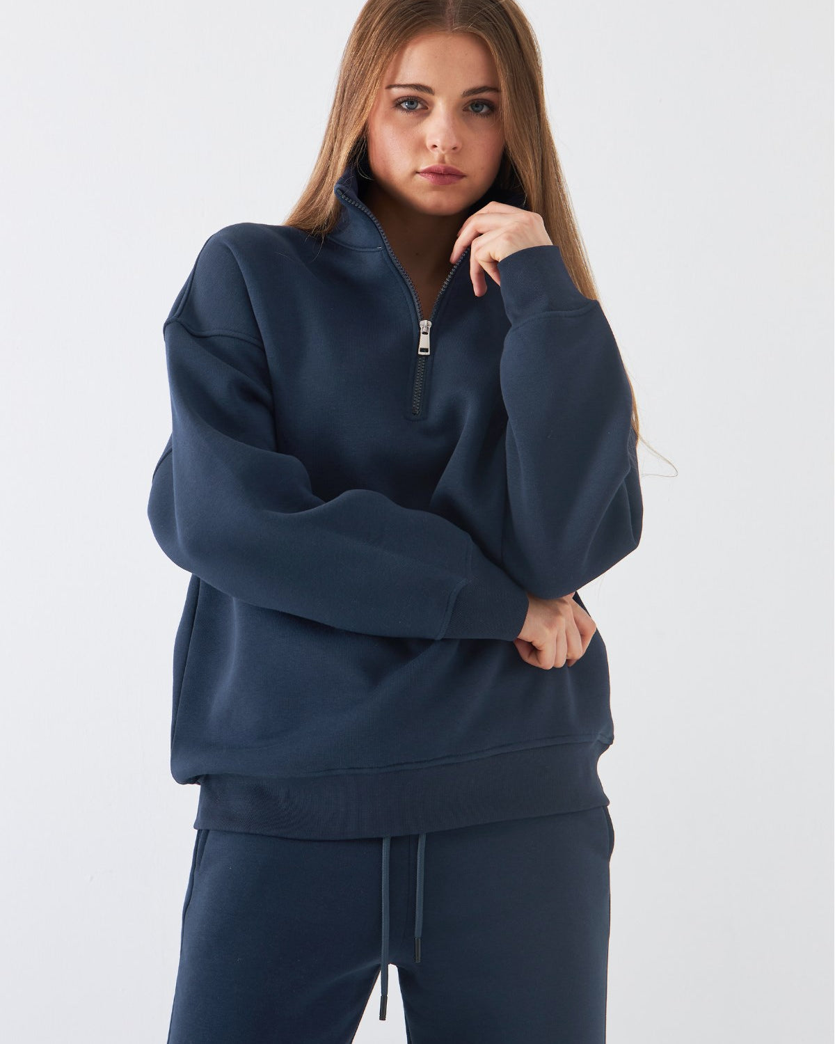 Unisex Oversize Sweatshirt Basic Marine – Yarım Fermuar Dik Yaka, 3 İplik Şardonlu Polar