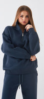 Unisex Oversize Sweatshirt Basic Marine – Yarım Fermuar Dik Yaka, 3 İplik Şardonlu Polar