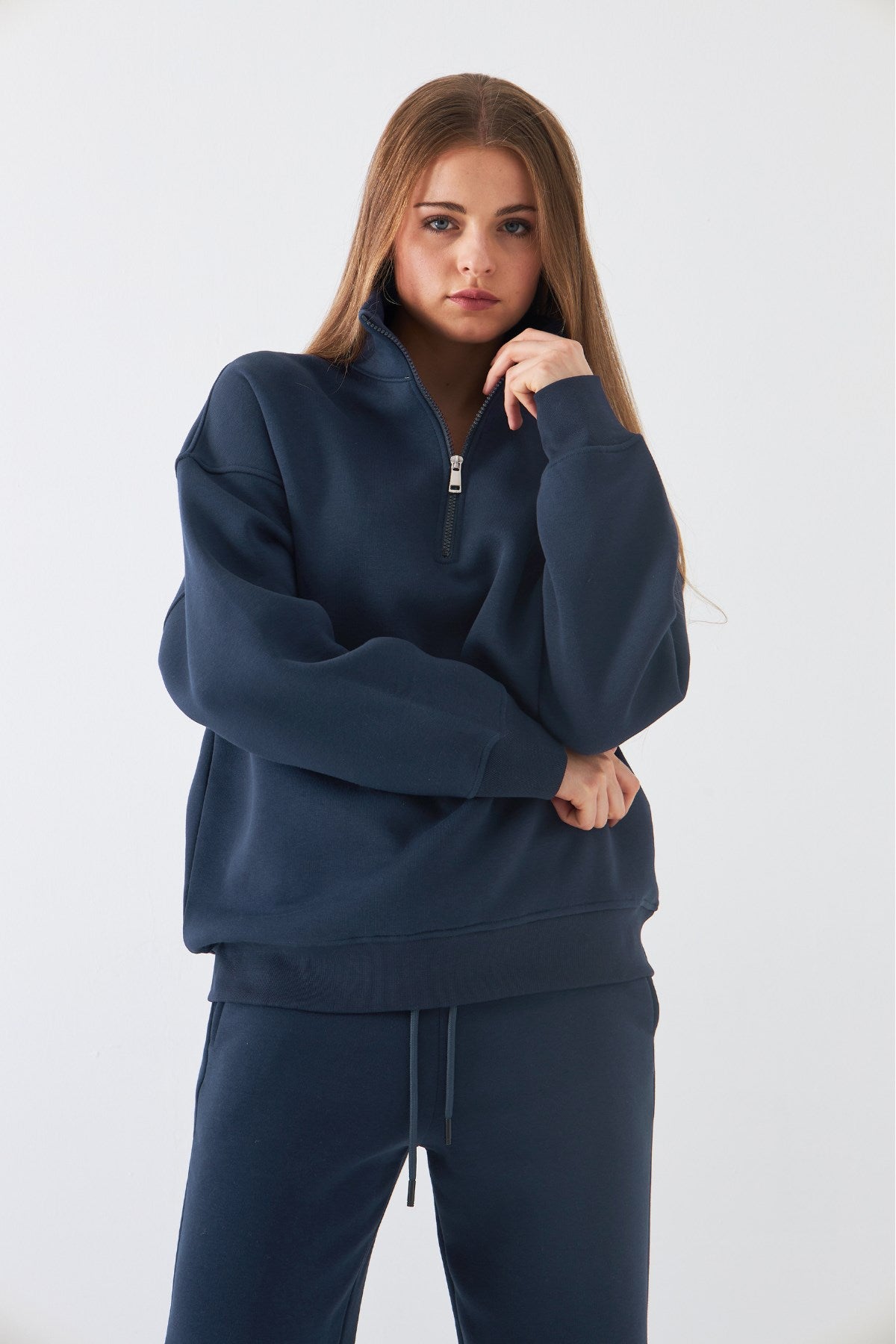 Unisex Oversize Sweatshirt Basic Marine – Yarım Fermuar Dik Yaka, 3 İplik Şardonlu Polar