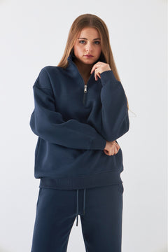 Unisex Oversize Sweatshirt Basic Marine – Yarım Fermuar Dik Yaka, 3 İplik Şardonlu Polar