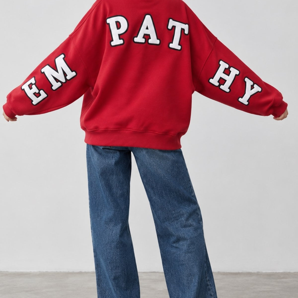 Kadın Oversize Sweatshirt Empathy 3D Baskılı Kırmızı – Bisiklet Yaka, 3 İplik Şardonlu Polar
