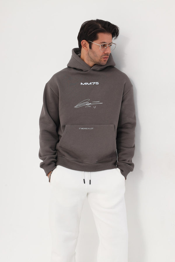 Kapüşonlu İçi Polar MM75 Baskılı Füme Oversize Hoodie Sweatshirt