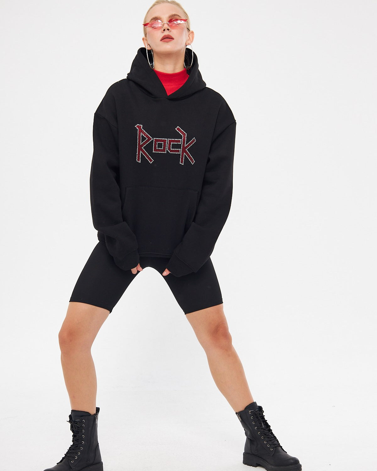 Kapüşonlu İçi Polar Rock Yazılı Taş Baskılı Siyah Oversize Hoodie Sweatshirt