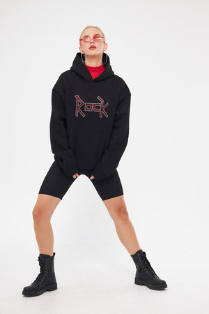 Kapüşonlu İçi Polar Rock Yazılı Taş Baskılı Siyah Oversize Hoodie Sweatshirt