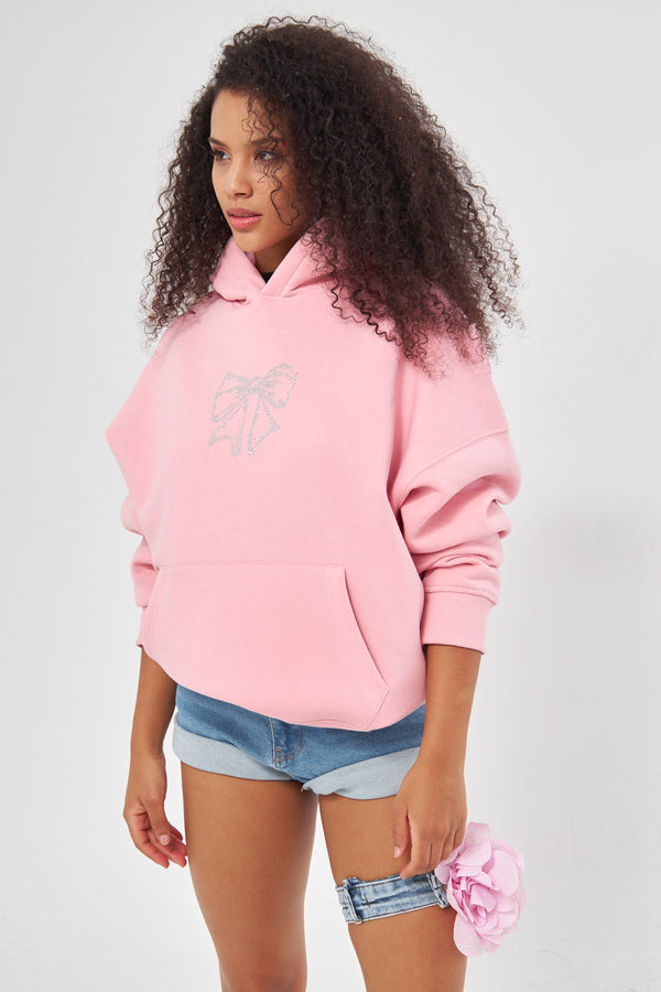 Fiyonk Desen Taş Baskılı Kapüşonlu İçi Polar Oversize Pembe Sweatshirt