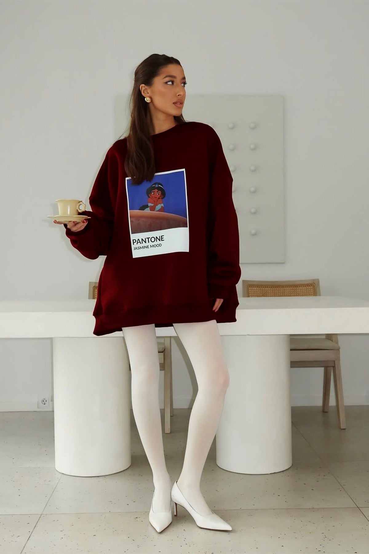 Kadın Oversize Sweat  – 3 İplik Şardonlu Polar, Bisiklet Yaka, Pantone – Prenses Baskılı