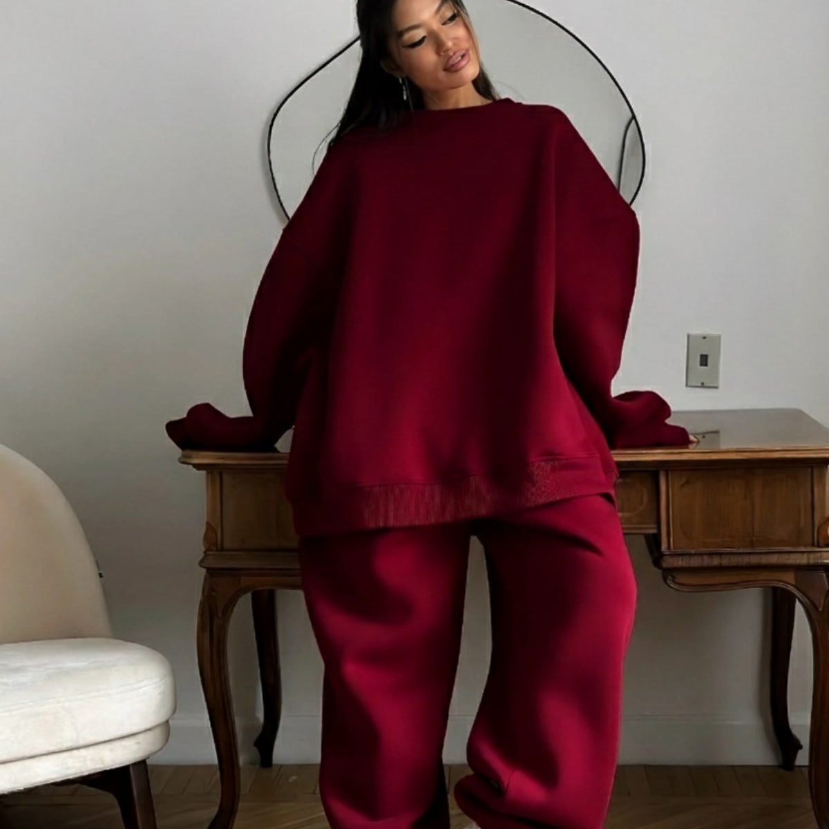 Kadın Oversize Sweat Elbise Eşofman Takımı Basic Bordo – Bisiklet Yaka, Lastikli Paça, 3 İplik Polar