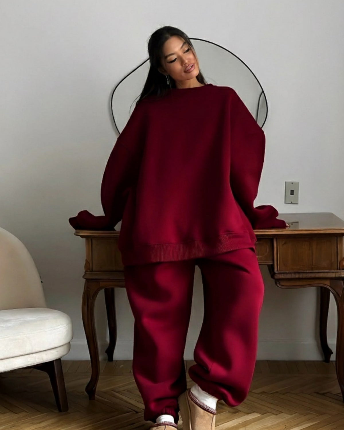 Kadın Oversize Sweat Elbise Eşofman Takımı Basic Bordo – Bisiklet Yaka, Lastikli Paça, 3 İplik Polar