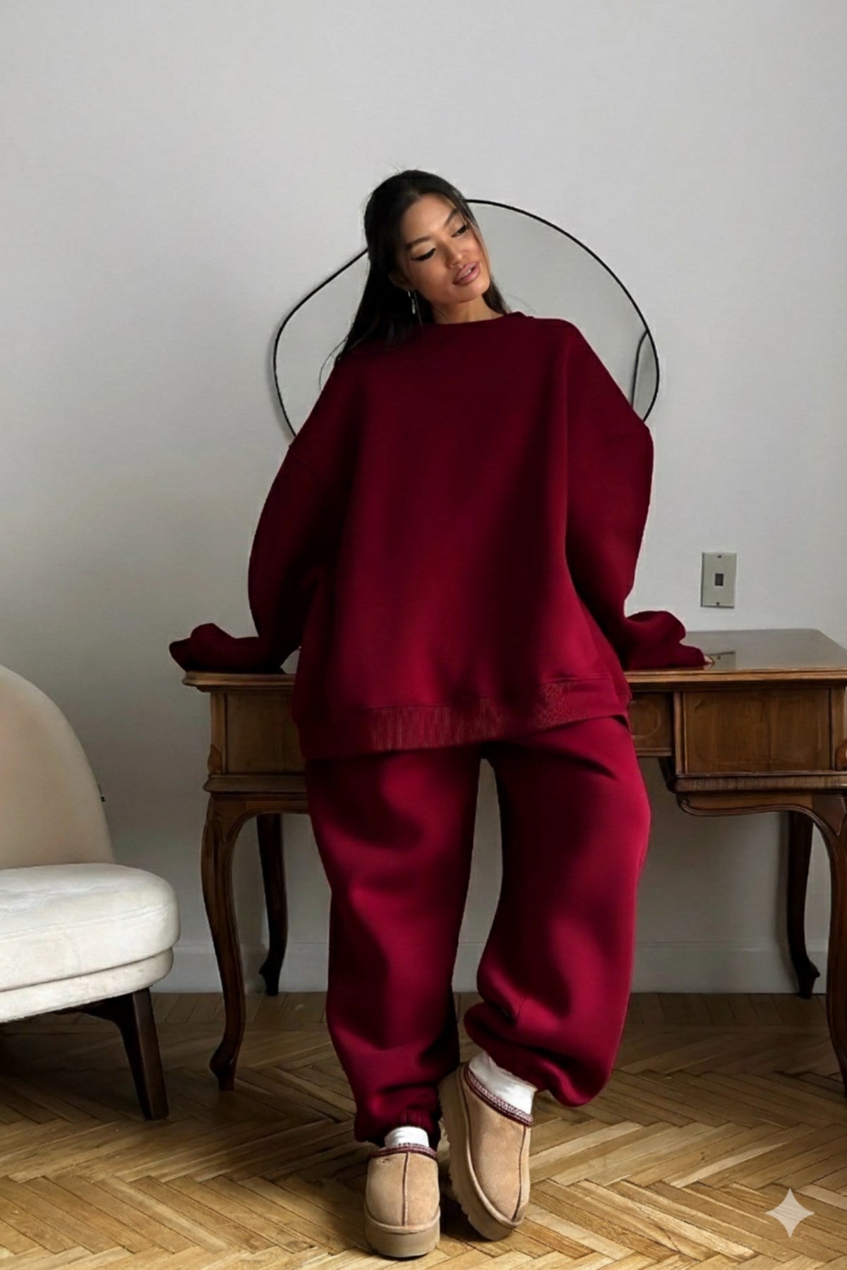 Kadın Oversize Sweat Elbise Eşofman Takımı Basic Bordo – Bisiklet Yaka, Lastikli Paça, 3 İplik Polar