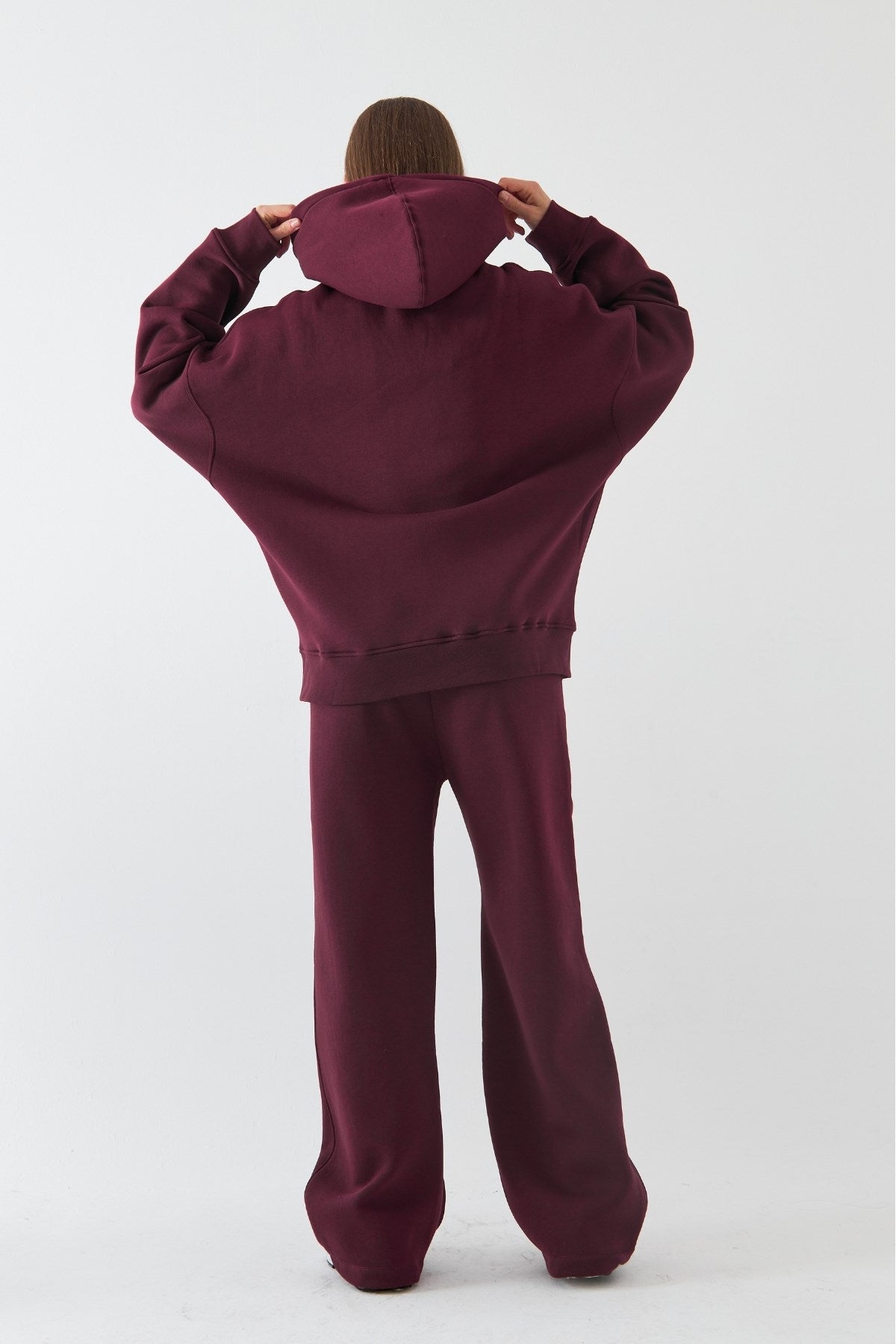 Oversize Unisex Sweatshirt Hoodie Bordo – Kapüşonlu, 3 İplik Şardonlu Polar, Kanguru Cepli, Basic