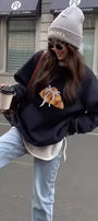 Kadın Oversize Sweatshirt Kurdeleli Croissant Baskılı Lacivert – Bisiklet Yaka, 3 İplik Polar