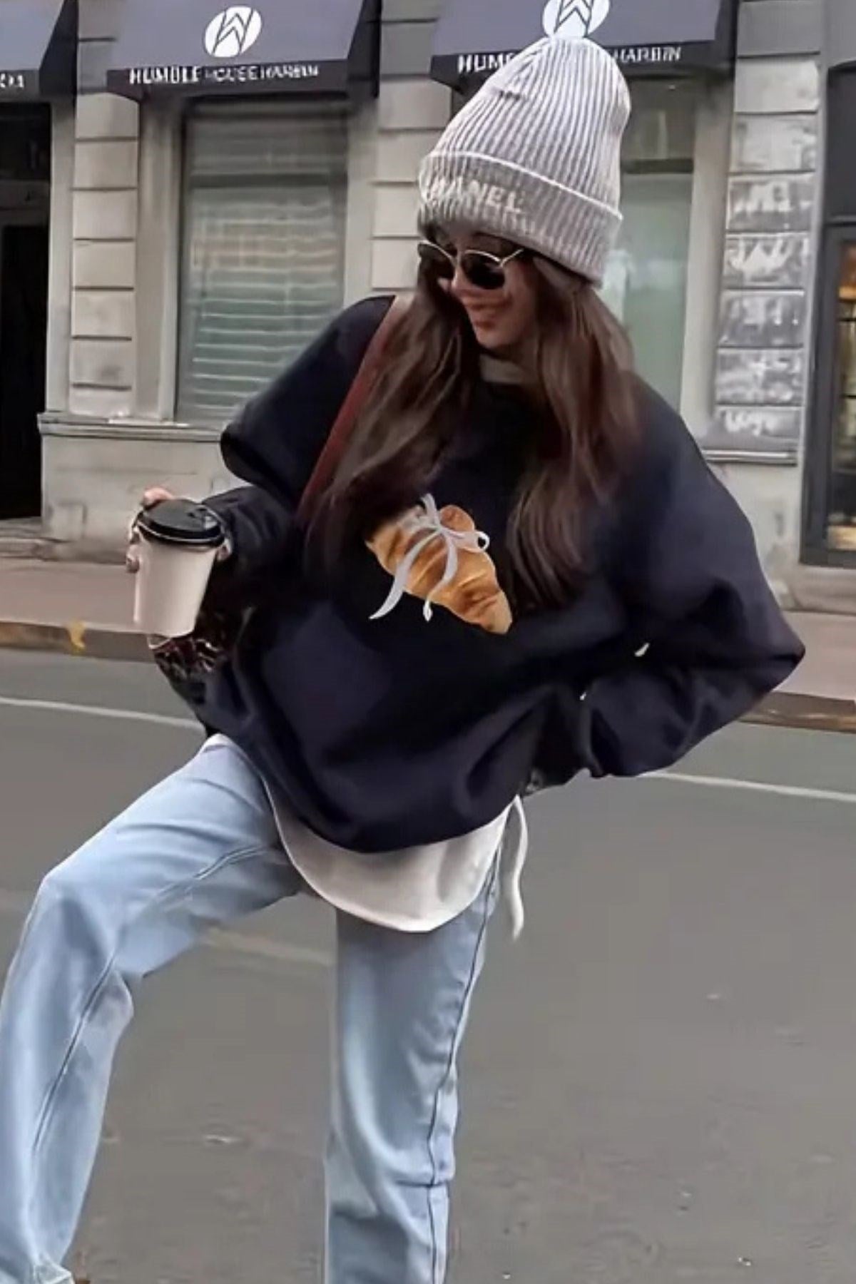 Kadın Oversize Sweatshirt Kurdeleli Croissant Baskılı Lacivert – Bisiklet Yaka, 3 İplik Polar