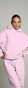 Pembe Kapüşonlu Basic Bel Lastikli Boru Paça Cepli Oversize Eşofman Takımı