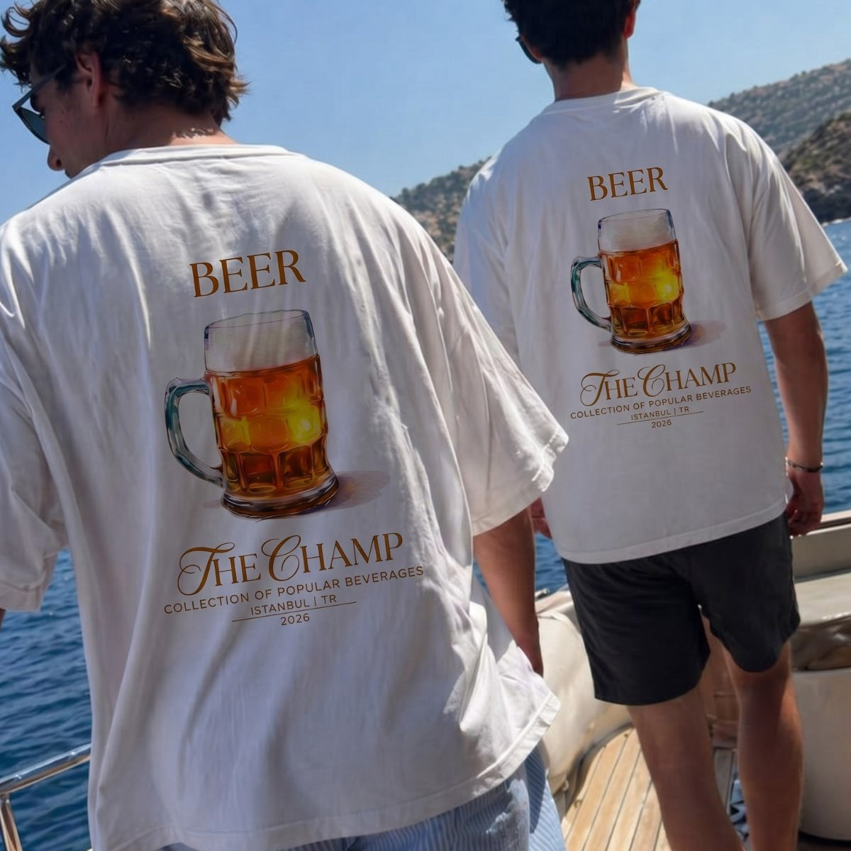 Unisex Oversize Tişört BEER Baskılı Beyaz – Bisiklet Yaka, Rahat Kalıp, %100 Pamuk
