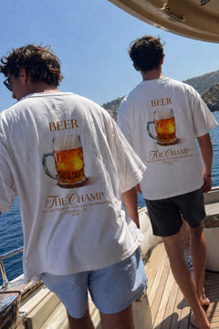 Unisex Oversize Tişört BEER Baskılı Beyaz – Bisiklet Yaka, Rahat Kalıp, %100 Pamuk