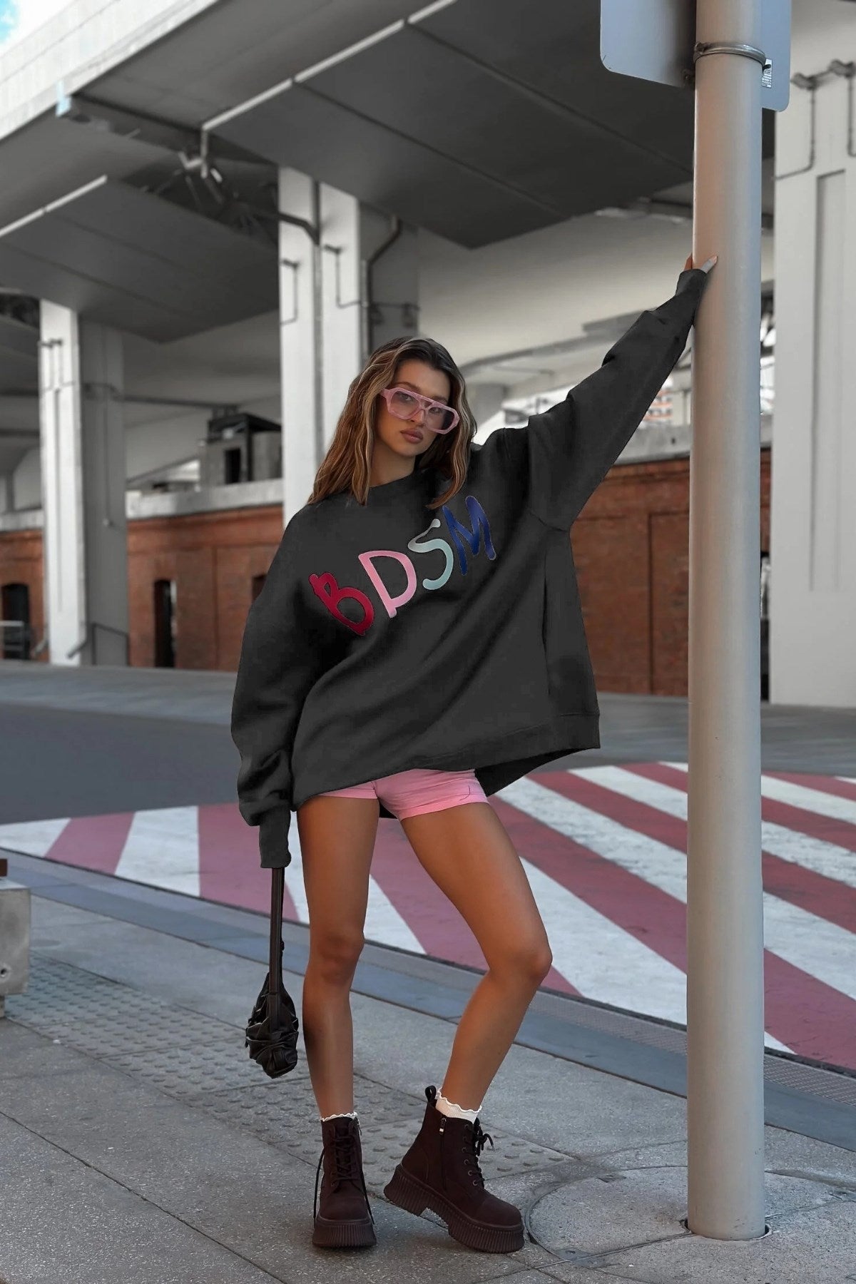 Kadın Oversize Sweatshirt Elbise Color Pop Baskılı Füme – Bisiklet Yaka, 3 İplik Şardonlu Polar