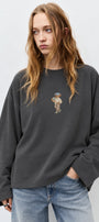 Kadın Relaxed Fit Sweatshirt Coffee Bear Baskılı Füme – Bisiklet Yaka, 3 İplik Şardonsuz, Düşük Omuz