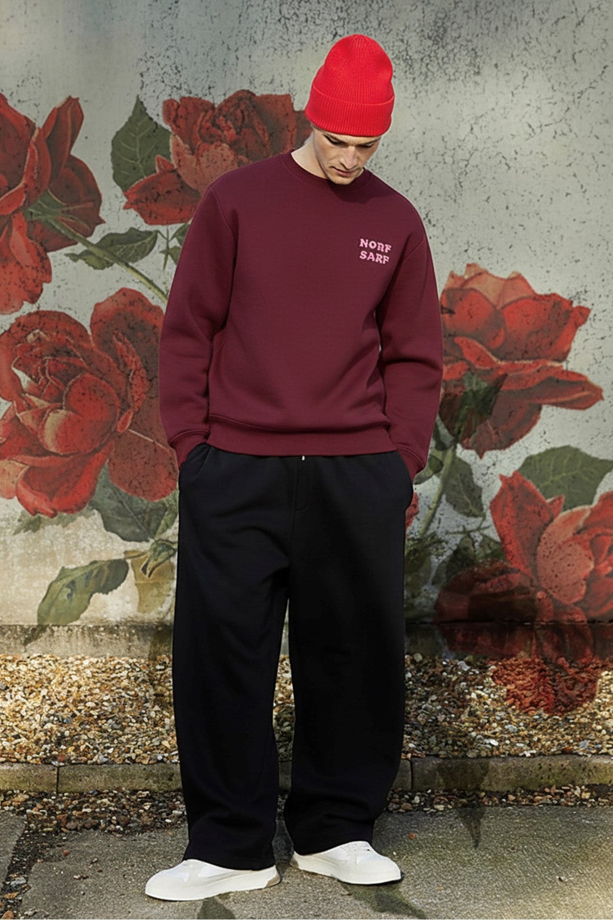 Unisex Oversize Sweatshirt Norf Sarf Harita Baskılı Bordo – Bisiklet Yaka, 3 İplik Şardonlu Polar
