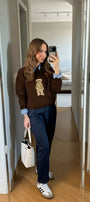 Kadın Oversize Sweatshirt Gentleman Bear Baskılı Kahverengi – Bisiklet Yaka, 3 İplik Şardonlu