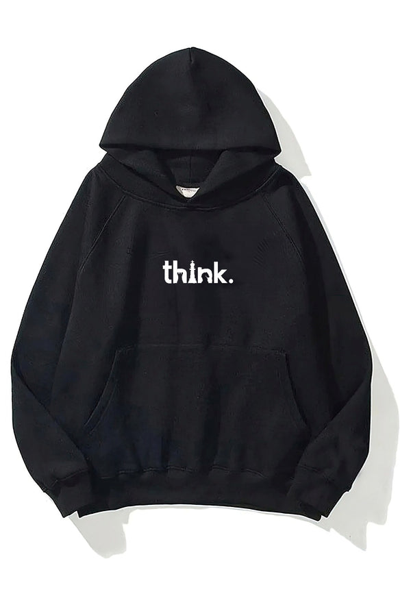 Kapüşonlu İçi Polar Satranç Think Baskılı Siyah Unisex Oversize Hoodie Sweatshirt