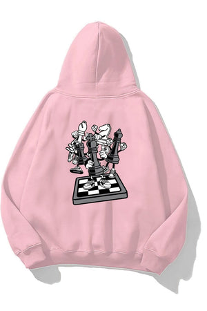 Kapüşonlu İçi Polar Satranç Think Baskılı Pembe Unisex Oversize Hoodie Sweatshirt