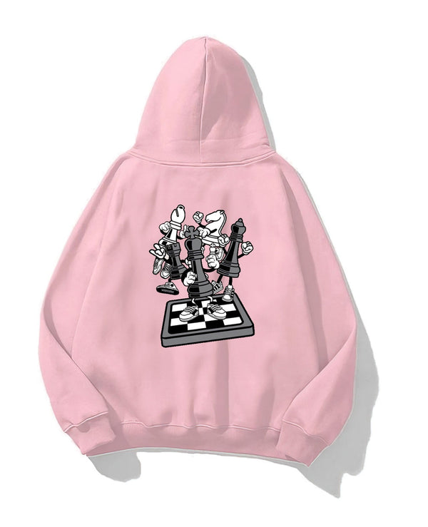 Kapüşonlu İçi Polar Satranç Think Baskılı Pembe Unisex Oversize Hoodie Sweatshirt