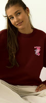 Kadın Oversize Sweatshirt Piglet Hugs Baskılı Bordo – Bisiklet Yaka, 3 İplik Şardonlu Polar