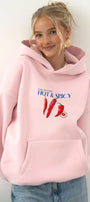 Kadın Oversize Sweatshirt Hoodie Hot & Spicy Baskılı Pembe – Kapüşonlu, 3 İplik Şardonlu Polar