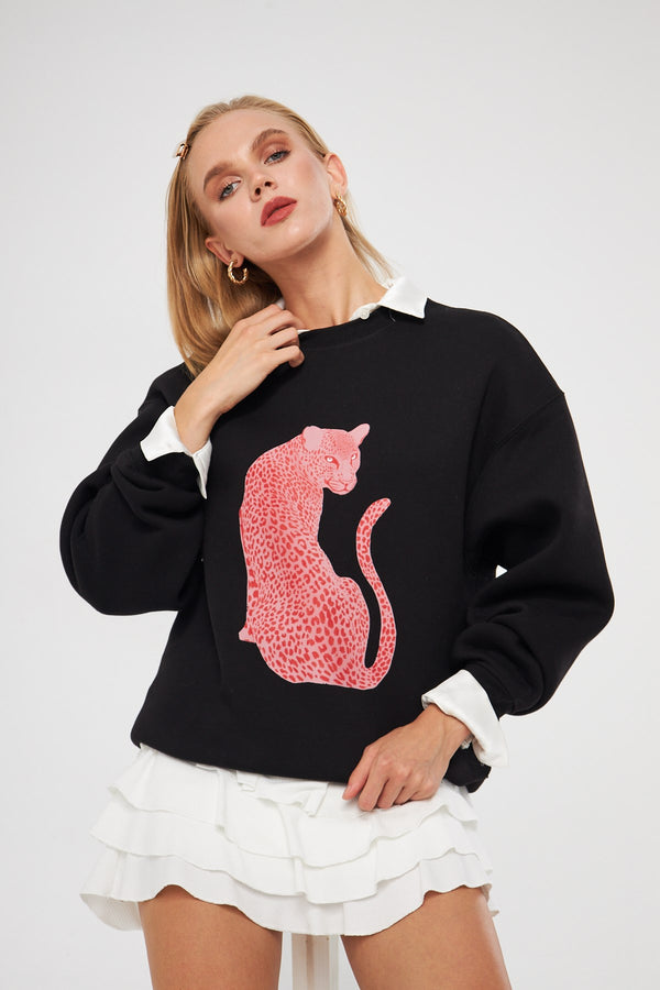 Bisiklet Yaka İçi Polar Leopar Baskılı Siyah Oversize Sweatshirt