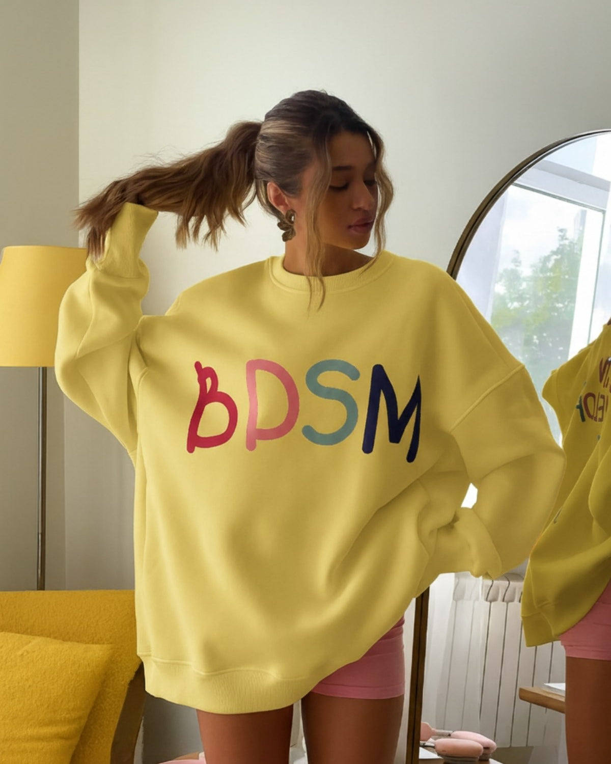 Kadın Oversize Sweatshirt Elbise Color Pop Baskılı Sarı – Bisiklet Yaka, 3 İplik Şardonlu Polar
