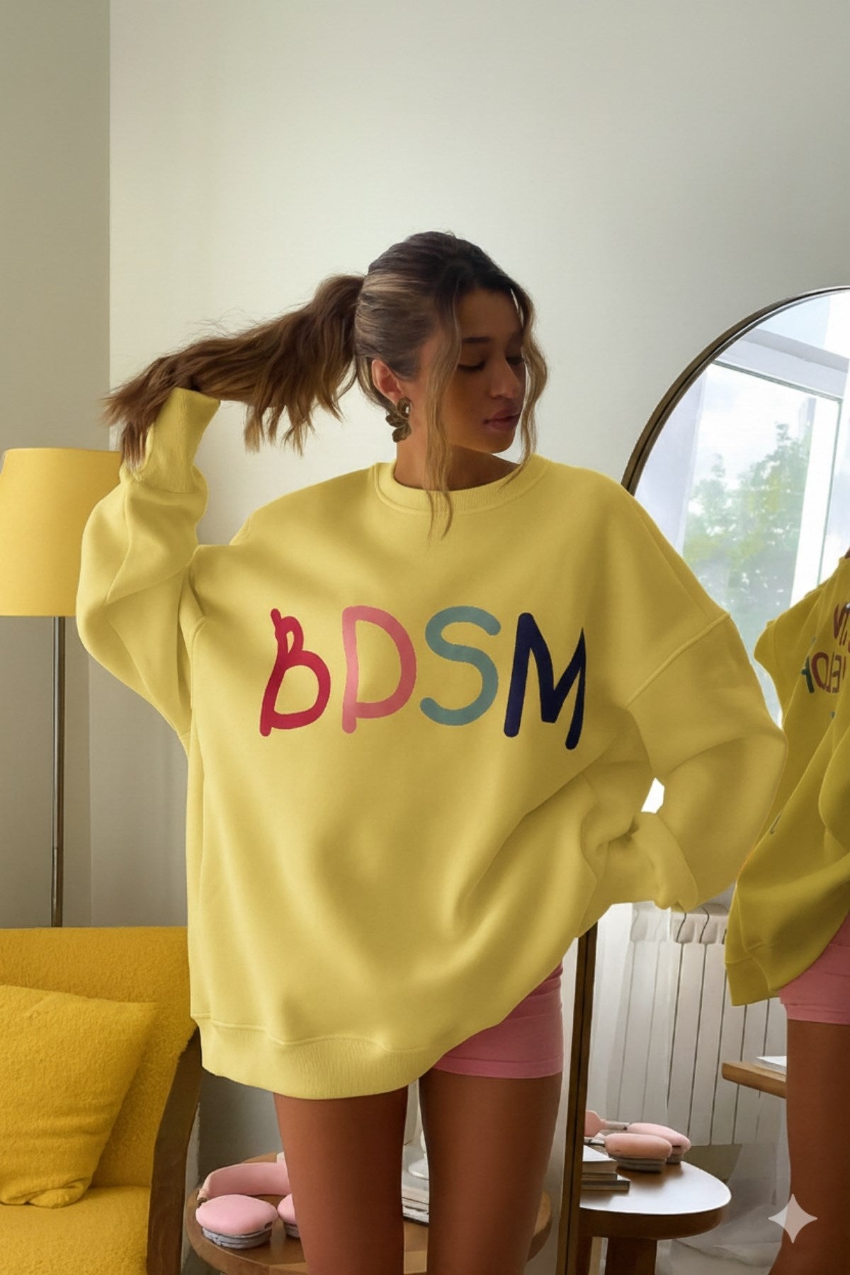 Kadın Oversize Sweatshirt Elbise Color Pop Baskılı Sarı – Bisiklet Yaka, 3 İplik Şardonlu Polar