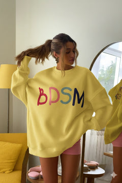 Kadın Oversize Sweatshirt Elbise Color Pop Baskılı Sarı – Bisiklet Yaka, 3 İplik Şardonlu Polar