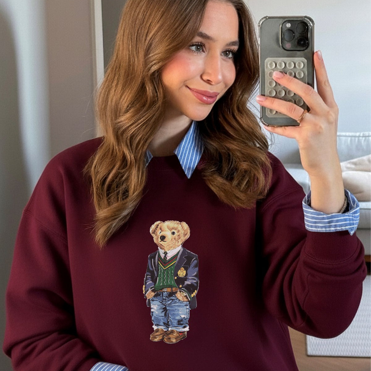 Kadın Oversize Sweatshirt Ivy Bear Baskılı Bordo – Bisiklet Yaka, 3 İplik Şardonlu