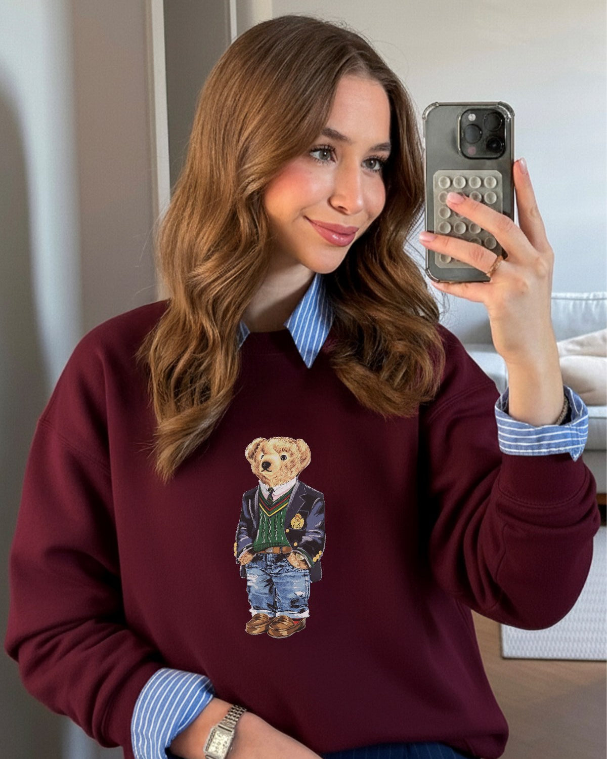 Kadın Oversize Sweatshirt Ivy Bear Baskılı Bordo – Bisiklet Yaka, 3 İplik Şardonlu