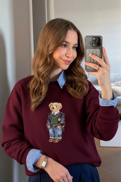 Kadın Oversize Sweatshirt Ivy Bear Baskılı Bordo – Bisiklet Yaka, 3 İplik Şardonlu