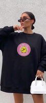Kadın Oversize Sweatshirt Elbise Dangerous Chick Baskılı Siyah – Uzun Boy, 3 İplik Şardonlu Polar