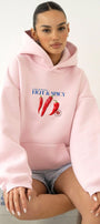 Kadın Oversize Sweatshirt Hoodie Hot & Spicy Baskılı Pembe – Kapüşonlu, 3 İplik Şardonlu Polar