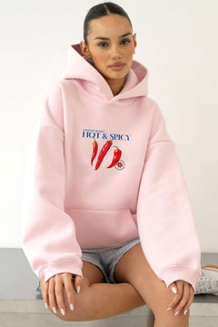 Kadın Oversize Sweatshirt Hoodie Hot & Spicy Baskılı Pembe – Kapüşonlu, 3 İplik Şardonlu Polar
